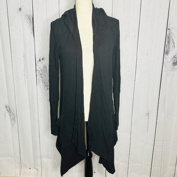 Splendid Womens Black Waffle Knit Wrap Hooded Open Front Cardigan Sz M - Picture 1 of 10